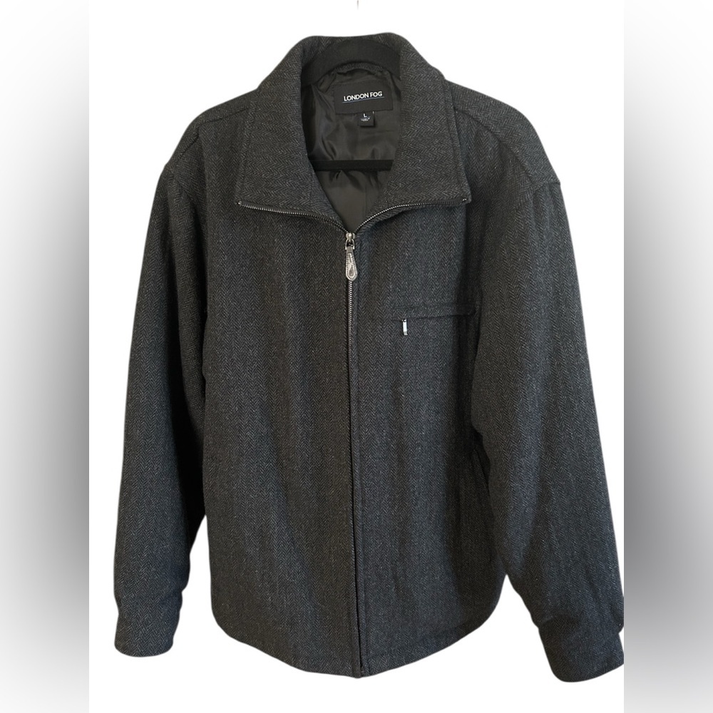 London Fog Wool Full Zip Winter Jacket Black Herringbone Cold Weather Coat Large